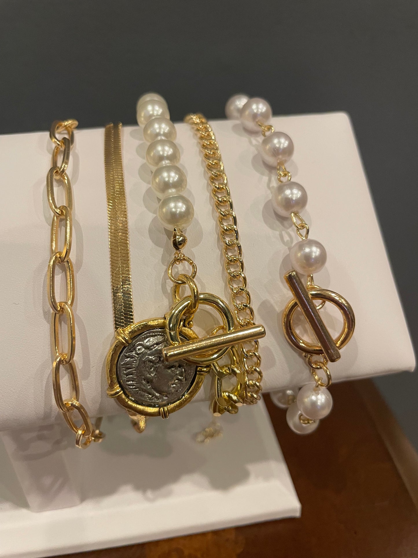 5 Layered Gold Bracelet Set with ancient greek coin replica.