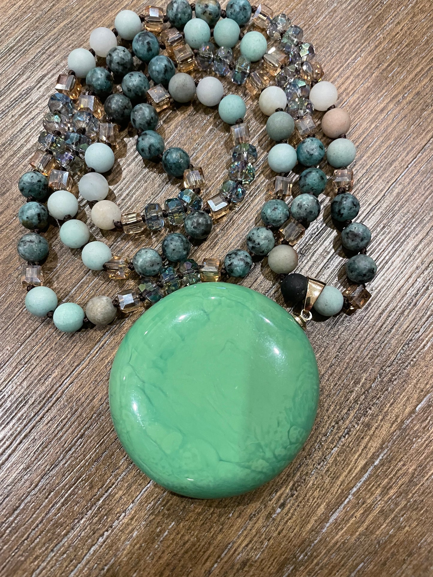 Bohemian and beautiful Green Necklace with faux emerald pendant