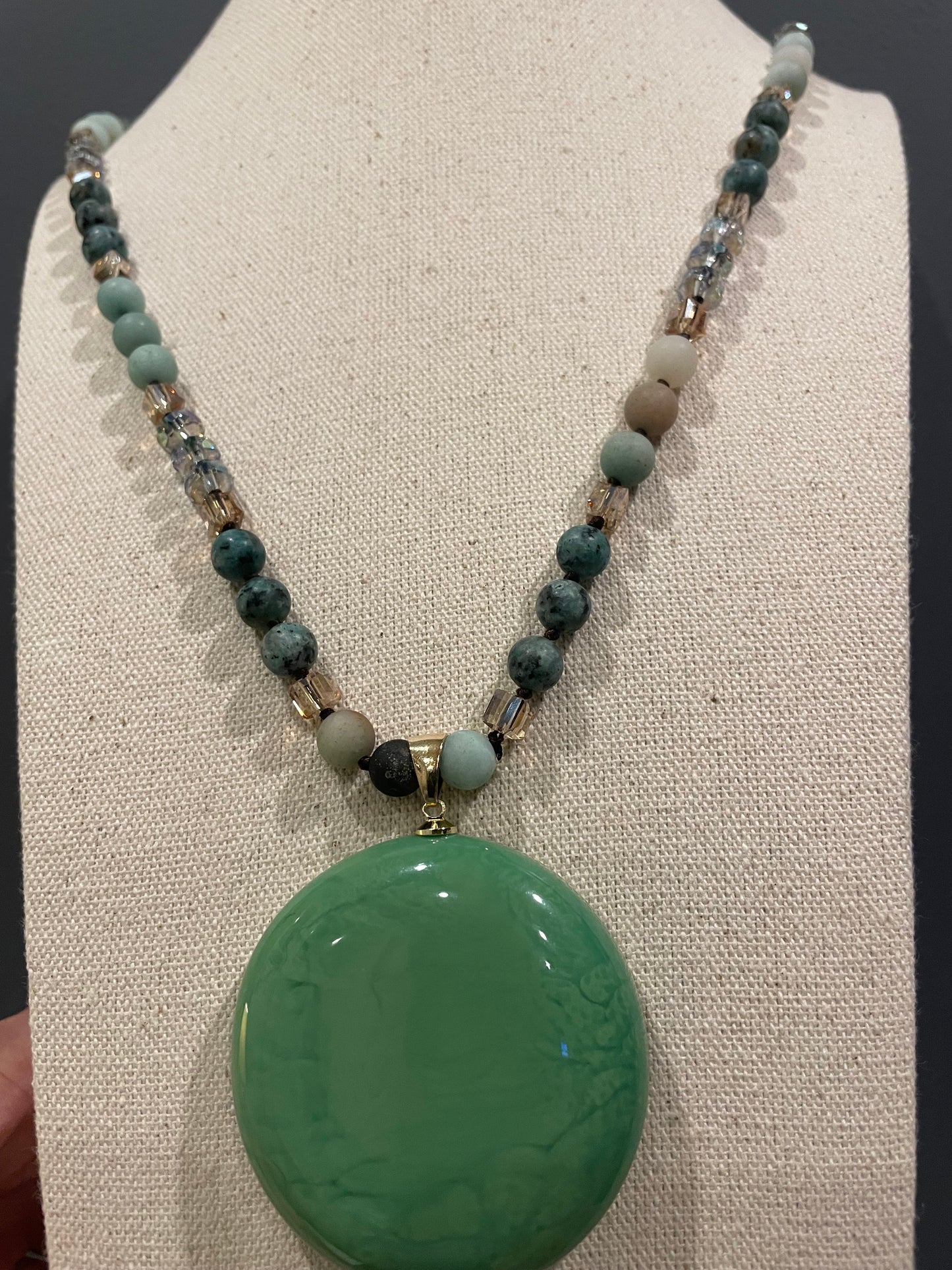 Bohemian and beautiful Green Necklace with faux emerald pendant