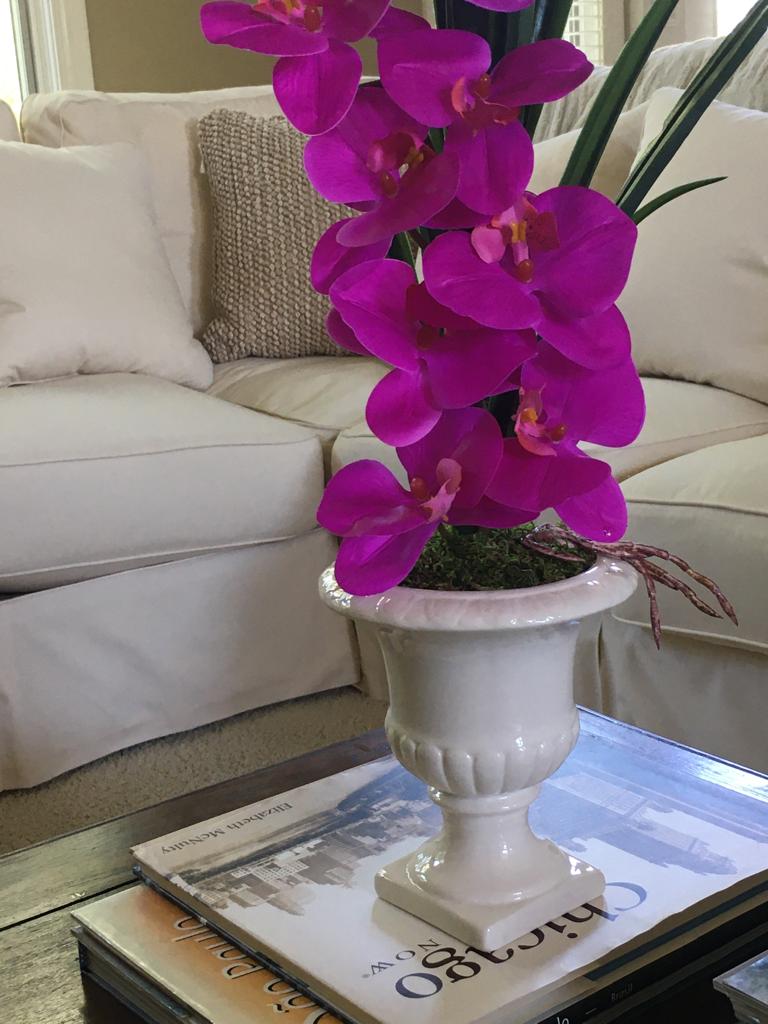 Orchid leaves in white vase