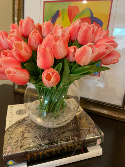 Glass Vase with Peach Pink Tulips