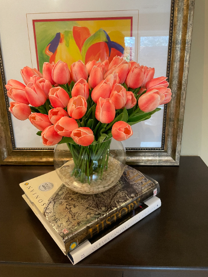 Glass Vase with Peach Pink Tulips